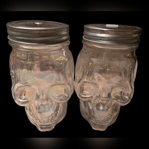 Halloween Skull Clear Iridescent Mason Jar Drinking Cups W/ Lids 16 Oz Set Of 2